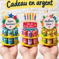 Mini carte cadeau fait-main présentée avec des fournitures créatives.