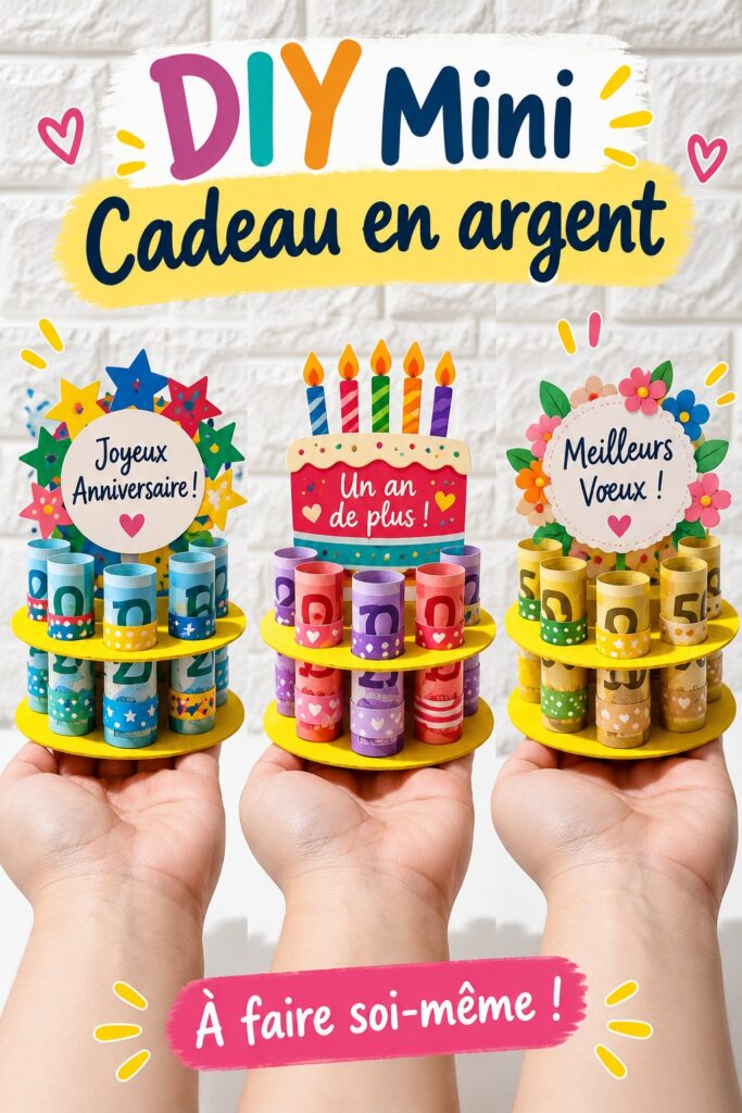 Mini carte cadeau fait-main présentée avec des fournitures créatives.