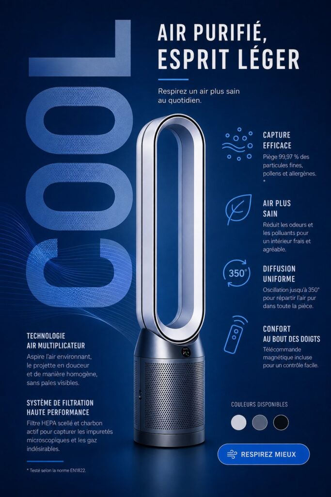 Purificateur d'air Dyson Cool dans une pièce moderne, apportant élégance et pureté de l'air.