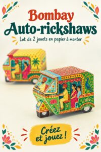Deux rickshaws en papier inspirés de Mumbai, colorés et ludiques.