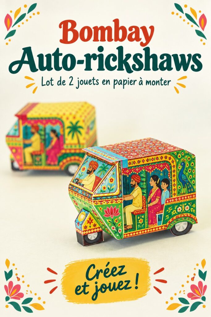 Deux rickshaws en papier inspirés de Mumbai, colorés et ludiques.