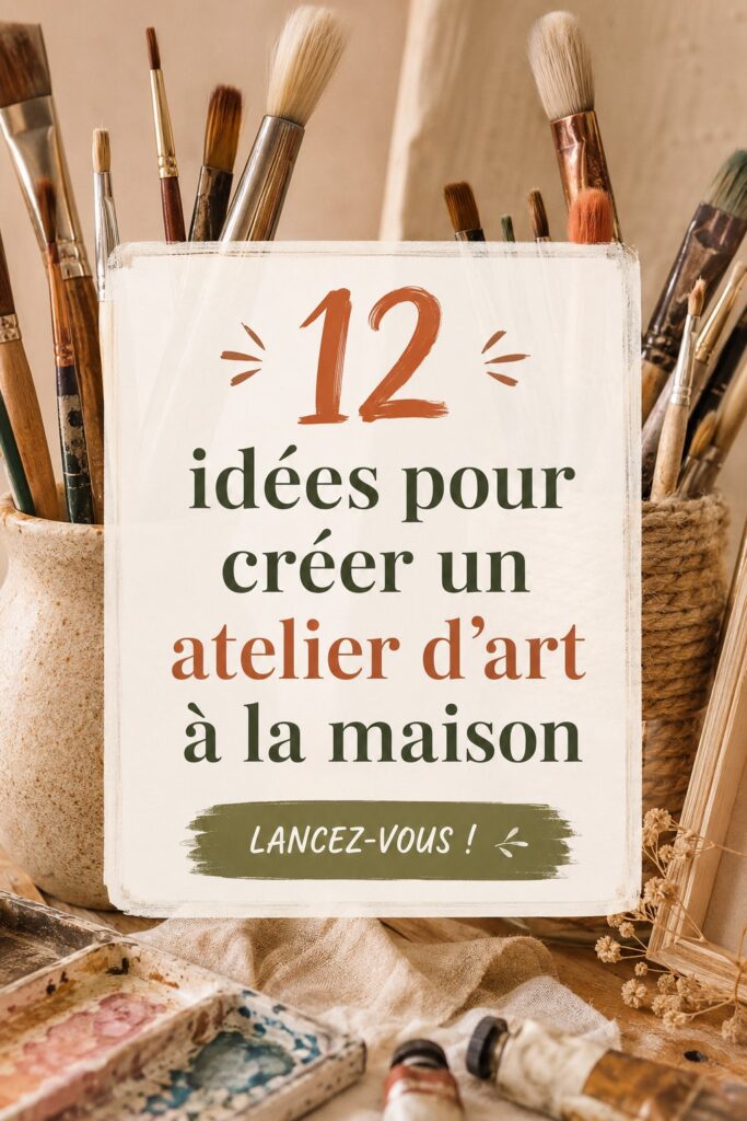 Un studio d'art aménagé avec des fournitures colorées et des œuvres d'art.